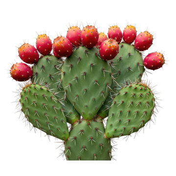 Bright red cactus fruit growing on green prickly pear plant