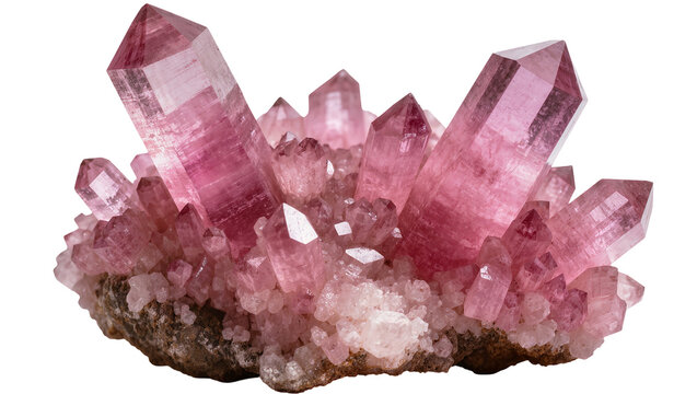 Cluster of pink quartz crystals with rough rock base, isolated on transparent background