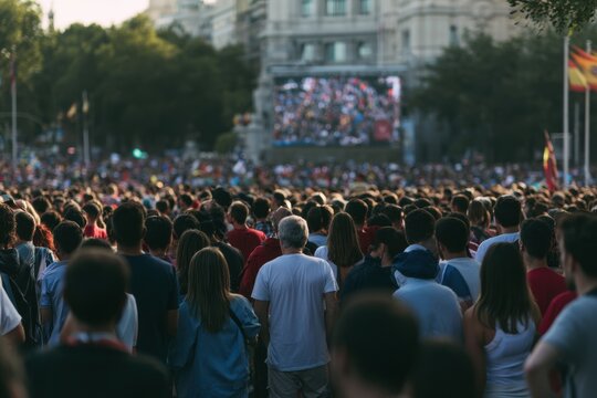 Large outdoor football fan zone in Madrid, giant screen, thousands of supporters, championship atmosphere