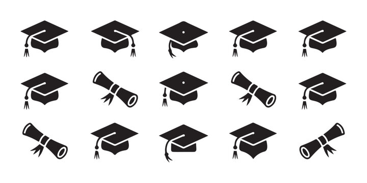 Set of graduation caps and diplomas with ribbons various styles on grey grid background.