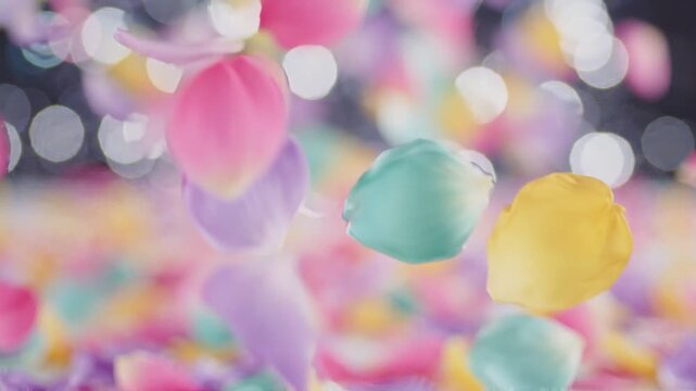 An Enchanting Display of Colorful Petals Cascading Through the Air, Set Against a Magical Bokeh Background, Creating a Dreamlike and Uplifting Atmosphere