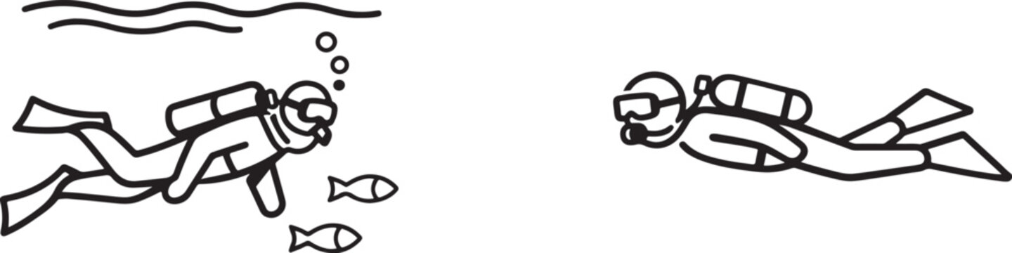 Scuba diving icon set with thin line editable stroke for underwater exploration and marine tourism.