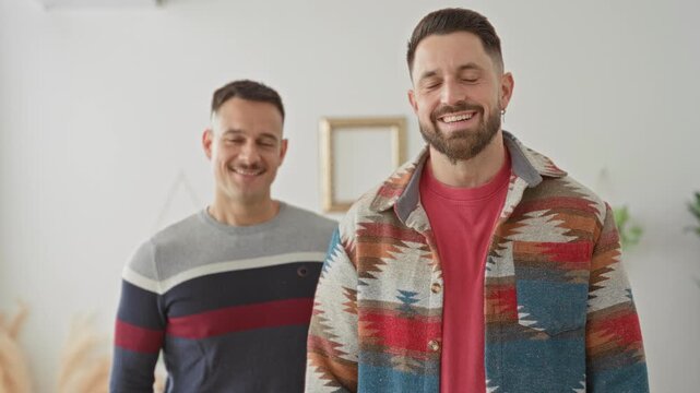 Man wearing patterned jacket and red tee smiles at camera with his boyfriend standing behind in studio with plant and picture frame visible; intimacy joy.