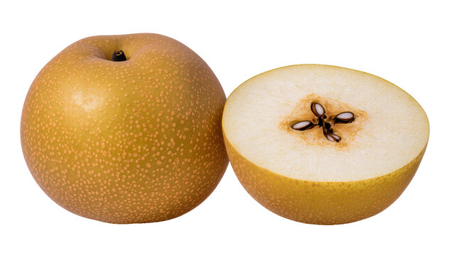 Whole and halved golden Asian pear with visible seeds, isolated on transparent background