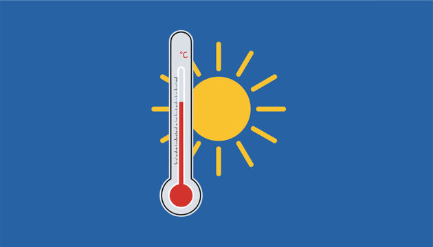 Thermometer showing a high temperature level next to a bright yellow sun icon representing hot weather conditions.