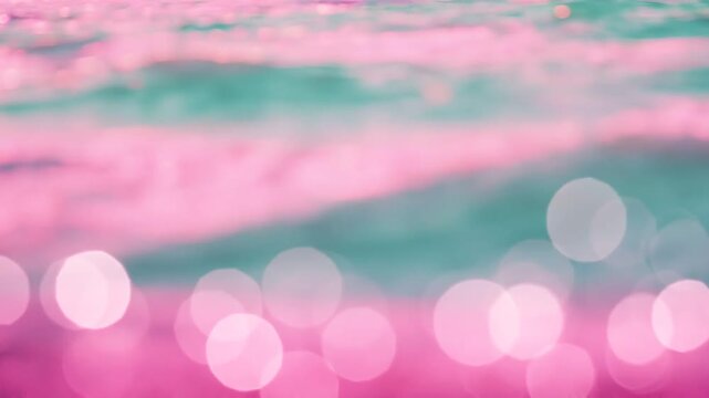 A serene and colorful blur of shimmering water, blending hues of pink and teal, creating a magical atmosphere filled with soft bokeh effects and reflections.