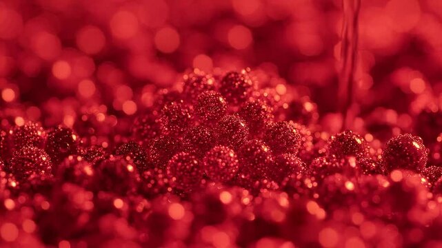 A Close-Up View of Shimmering Red Bubbles: The Alluring Texture and Vibrance of a Clustered Surface Bathed in Warm Red Tones and Light Reflections