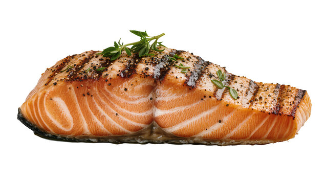 Grilled salmon fillet with herbs and pepper, isolated on transparent background