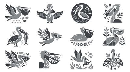 Fototapeta premium Industrial Style Black and White Pelican Bird Illustrations with Fish and Nature Elements for Design