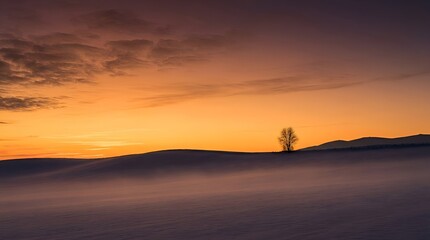 Naklejka premium Minimalist winter landscape with a single lonely tree at sunset.