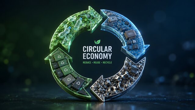 Circular economy concept with recycling arrows, sustainable business model for electronics and nature, reduce reuse recycle green technology