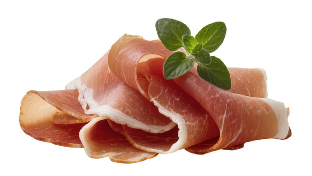 Thinly sliced prosciutto ham with fresh green oregano sprig, isolated on transparent background