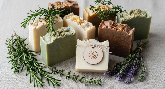 A collection of handcrafted soaps sits on a textured linen cloth. The soaps are various colors, including green, brown, and beige, and are adorned with dried herbs like rosemary and lavender.