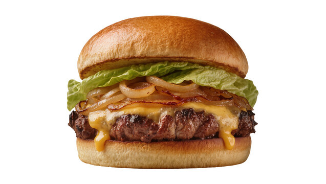 Juicy beef burger with melted cheese caramelized onions and lettuce, isolated on transparent background