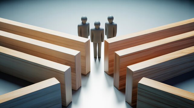 Small wooden figures standing in a narrow gap between rows of timber planks symbolizing obstacles challenges division with miniature people standing
