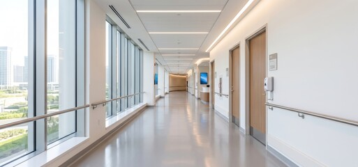 Fototapeta premium Modern hospital corridor with large windows, polished floor, handrails, and wooden doors creating a clean and sterile medical environment