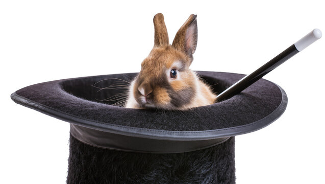 Brown rabbit emerging from a black top hat with a magic wand, isolated on transparent background