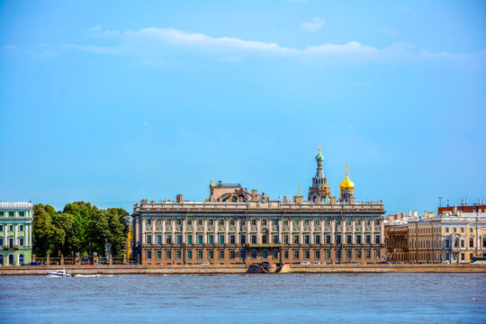 Historic buildings facing the Neva River in the city of St. Petersburg, Russia.