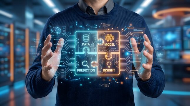 Predictive analytics machine learning concept showing digital puzzle pieces connecting data model prediction and insight in virtual dashboard