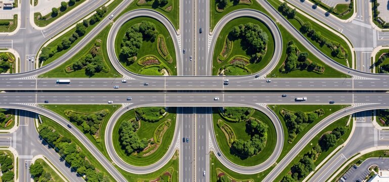 Overhead drone view of a meticulously landscaped cloverleaf highway interchange with green trees and manicured lawns in a suburban setting