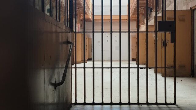 View through prison bars inside an old abandoned jail corridor with locked gates and dim natural light. Atmospheric detention facility interior, crime, punishment and justice system concept. High