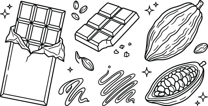 Chocolate bar vector doodle element set featuring sweet cocoa pod beans candy wrapper syrup swirl line art illustration
