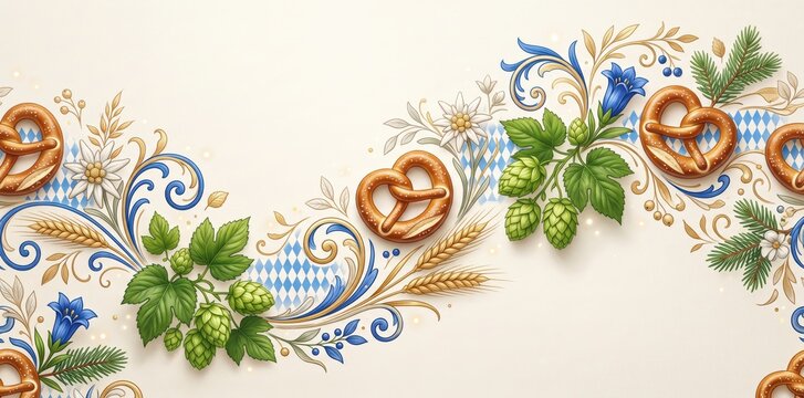 Seamless border pattern with bavarian pretzels hops flowers and wheat stalks on cream background, for oktoberfest celebration, and traditional german food