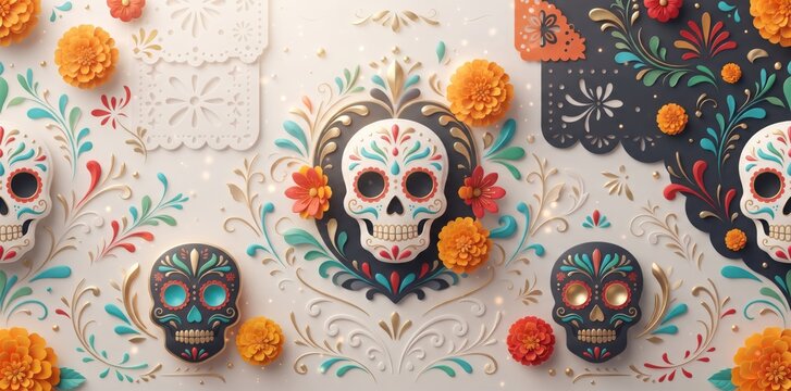 Seamless pattern with sugar skulls marigold flowers and intricate floral ornaments on a cream background, for day of, the dead celebration, and mexican