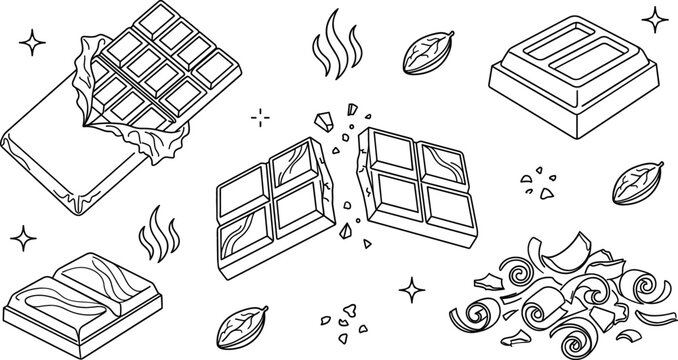 Chocolate bar vector doodle element set featuring sweet broken chunks candy wrapper curls cocoa beans line art illustration