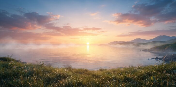 Serene misty lake at sunrise with rolling hills and vibrant sky reflecting golden light on calm water and dew-kissed grass