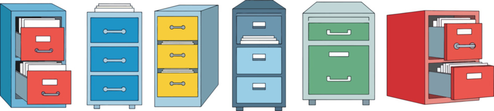 A row of colorful filing cabinets is displayed against a white background.