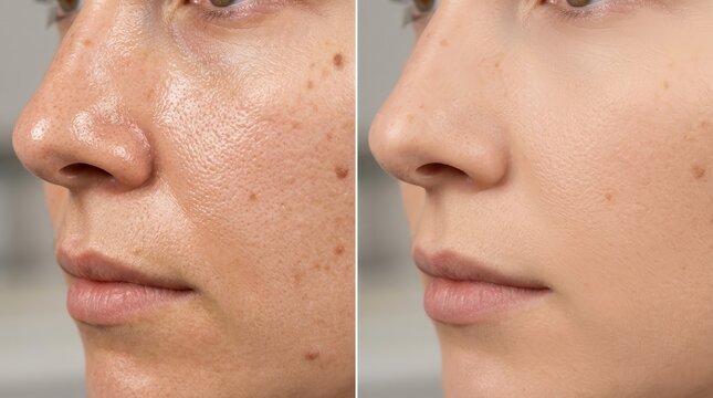 Skin comparison of a female with a nevus, large pores, and oily skin before and after botulinum toxin treatment.