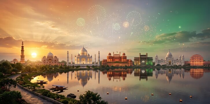 Skyline of famous indian monuments reflected in a tranquil lake at sunset with ethereal fireworks lighting up the evening sky during a grand national festival celebration