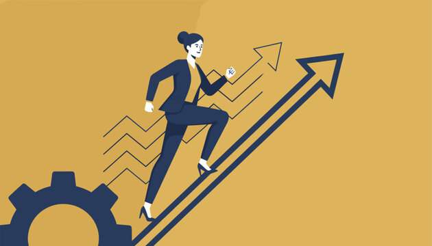 Successful businesswoman running up a steep diagonal arrow symbolizing career growth and future corporate progress.