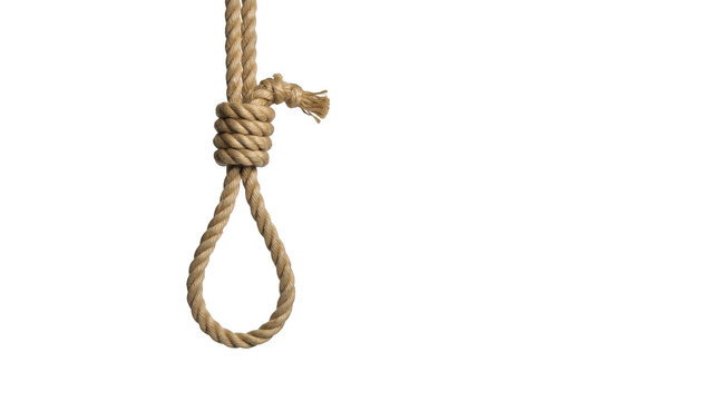 A thick brown hemp rope with a tied hangman noose knot hanging down vertically isolated on transparent background