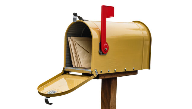 Yellow metal mailbox with red flag full of brown envelopes, isolated on transparent background