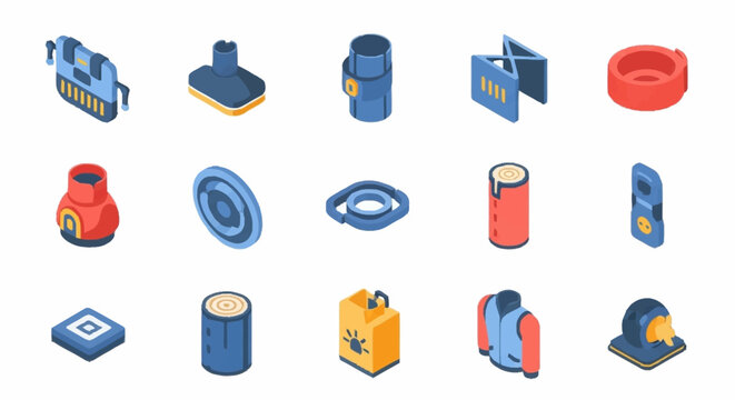 Isometric icons of technology and office supplies in flat design.