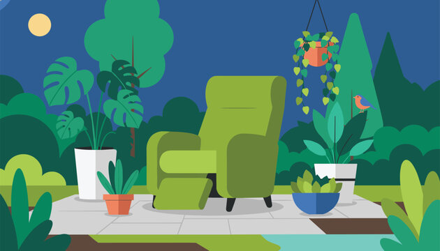 Cozy green armchair sitting on a modern patio terrace surrounded by beautiful potted plants under the moonlight.