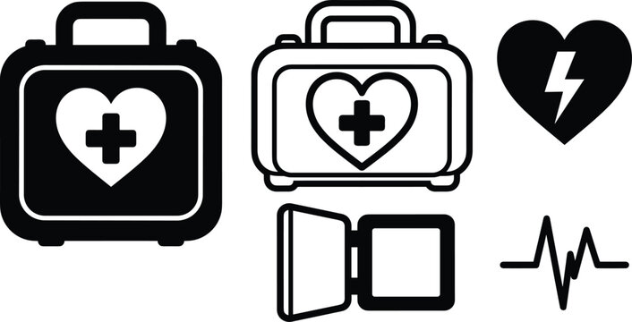 Automated External Defibrillator AED Icon Set with Emergency First Aid Kit Box Heart Lightning Bolt Electrode Pads and Heartbeat Pulse Symbols