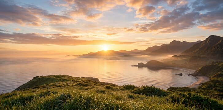 Sunrise over a serene coastal landscape with rolling hills and calm ocean waters bathed in golden light