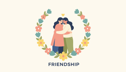 Fototapeta premium Heartwarming illustration of two young female friends hugging inside a delicate floral wreath with Friendship text.