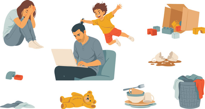 Stressed Parents and Chaotic Household Element Set with Tired Mother Crying, Father Working on Laptop, Hyperactive Child, and Messy Home Toys Vector