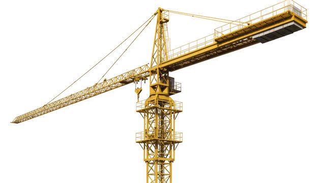Yellow construction tower crane with long jib, isolated on transparent background