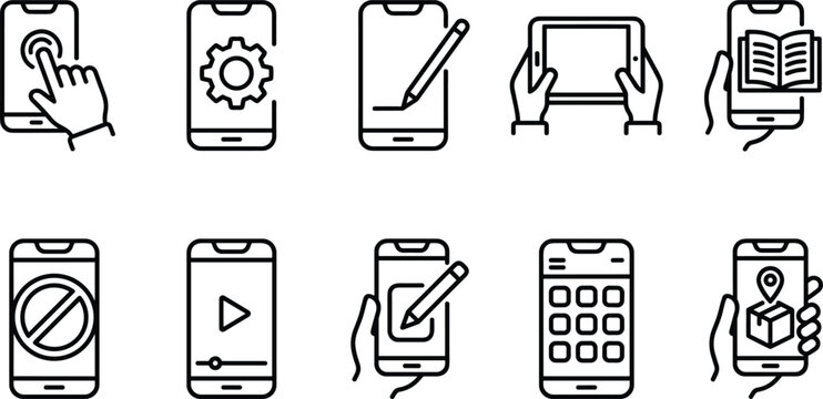 Mobile phone application interface linear icons set for app development and software solutions.