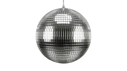 Shiny silver disco ball with reflective square mirrors, isolated on transparent background