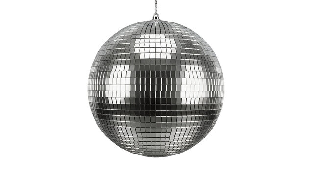 Shiny silver disco ball with reflective square mirrors, isolated on transparent background