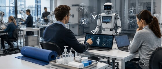 Fototapeta premium Engineers testing humanoid robot in modern technology laboratory