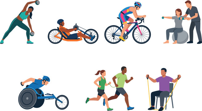 Adaptive Sports and Rehabilitation Fitness People Collection Flat Vector Illustration Set
