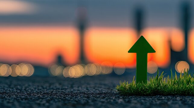 Green arrow points upwards from grass against sunset and industrial background