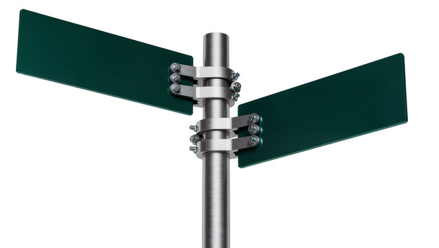 Green street signs on metal pole with bolts, isolated on transparent background